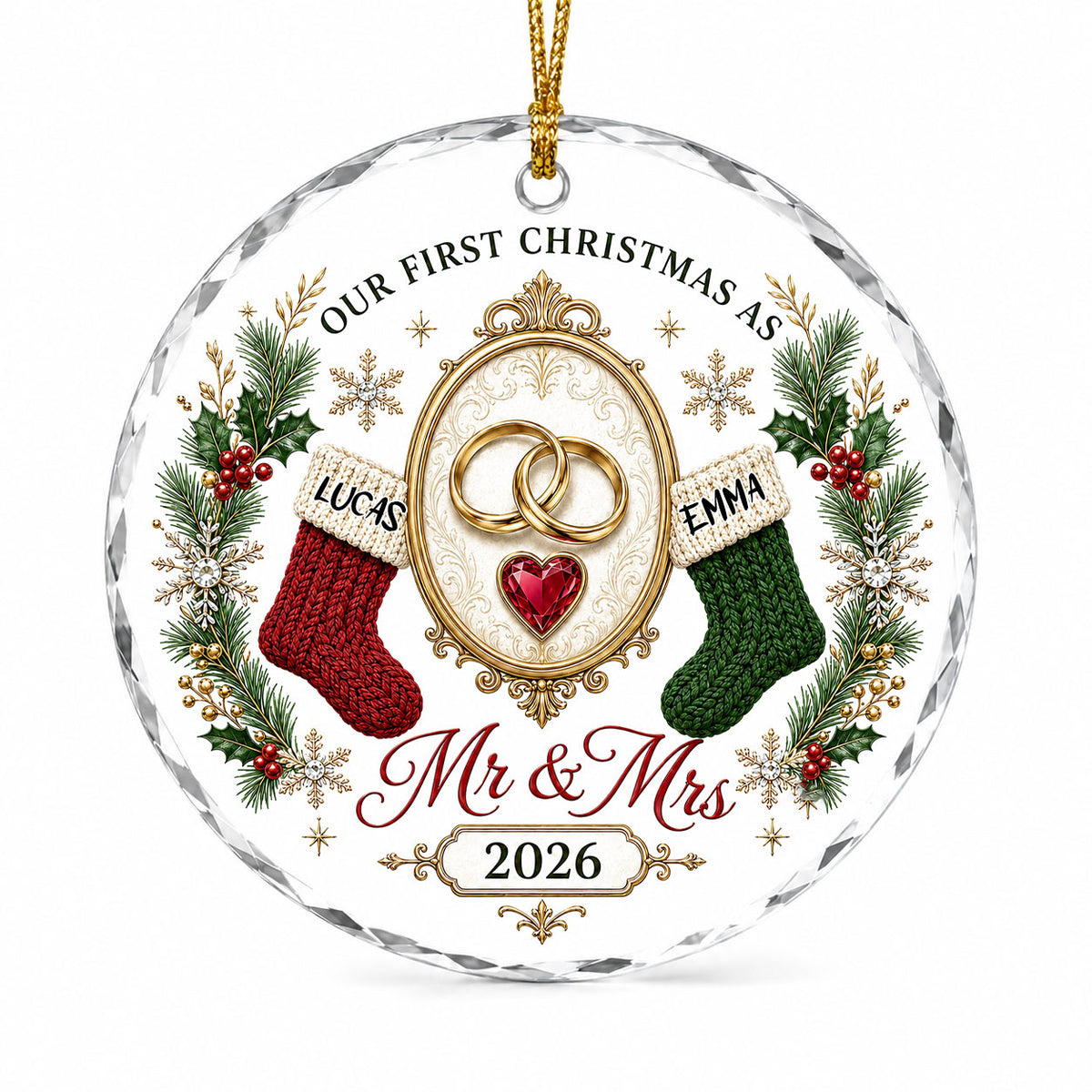 Round glass ornament with gold rings, red heart gem, red and green stockings, pine branches and Mr & Mrs text.