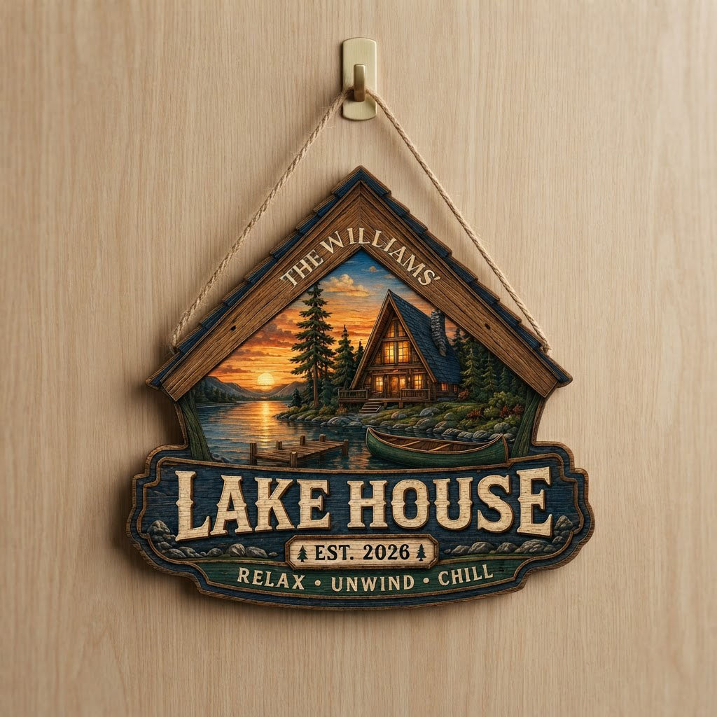 Personalized Lake House Cabin Sunset Wooden Hanging Sign
