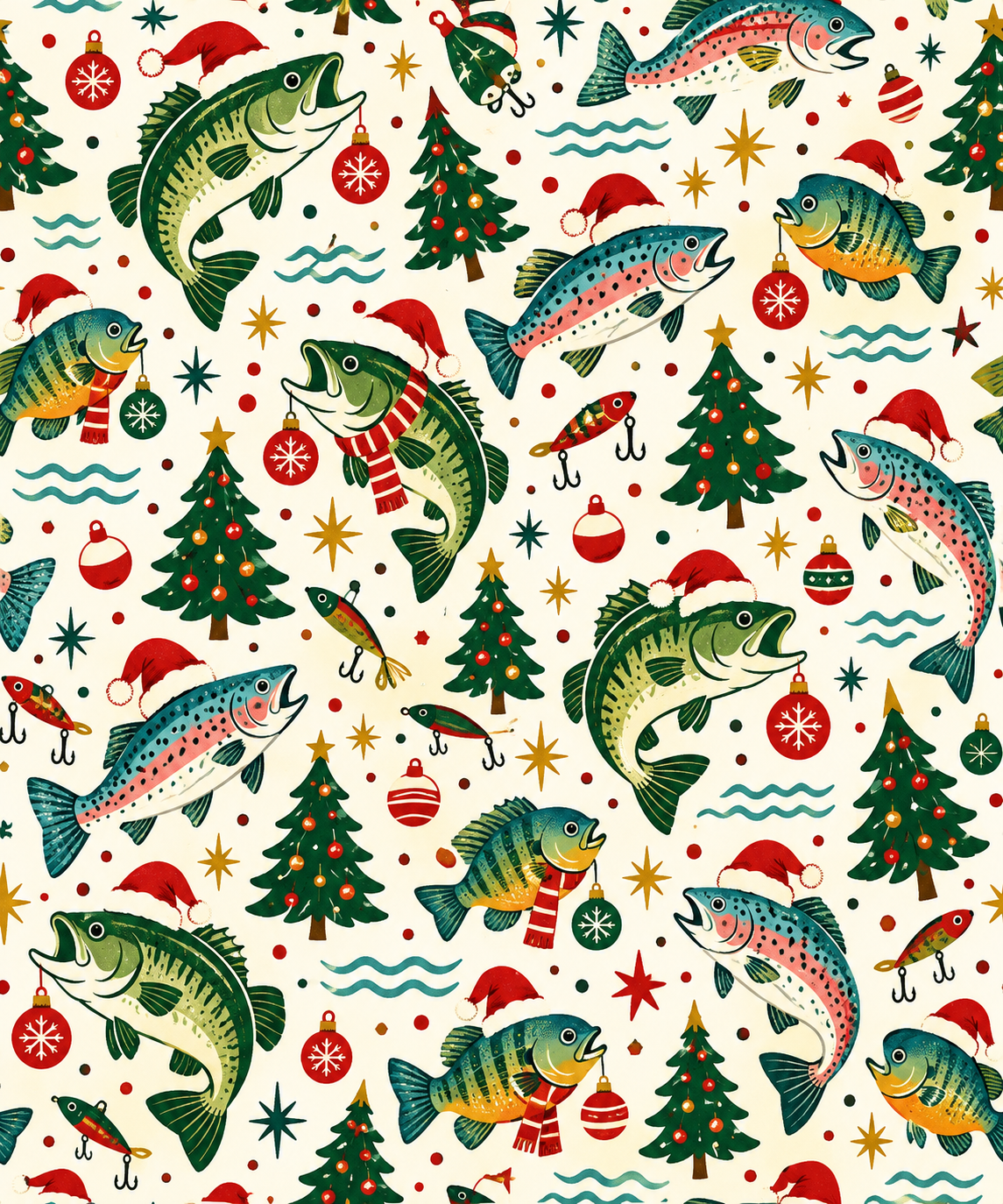 Wrapping paper with fish in Santa hats and scarves, trees, ornaments, lures, stars and blue wavy lines