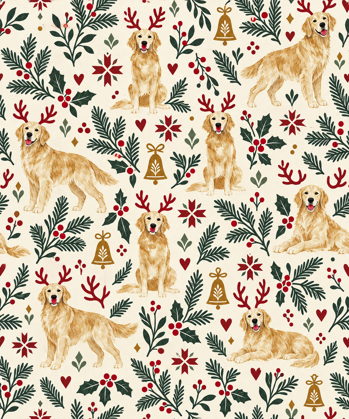 Cream wrapping paper with golden retrievers in red antler headbands, pine sprigs, red berries and gold bells.