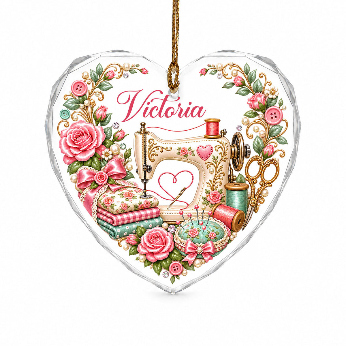 Heart-shaped glass ornament with vintage cream sewing machine, pink roses, buttons, and a personalized name.