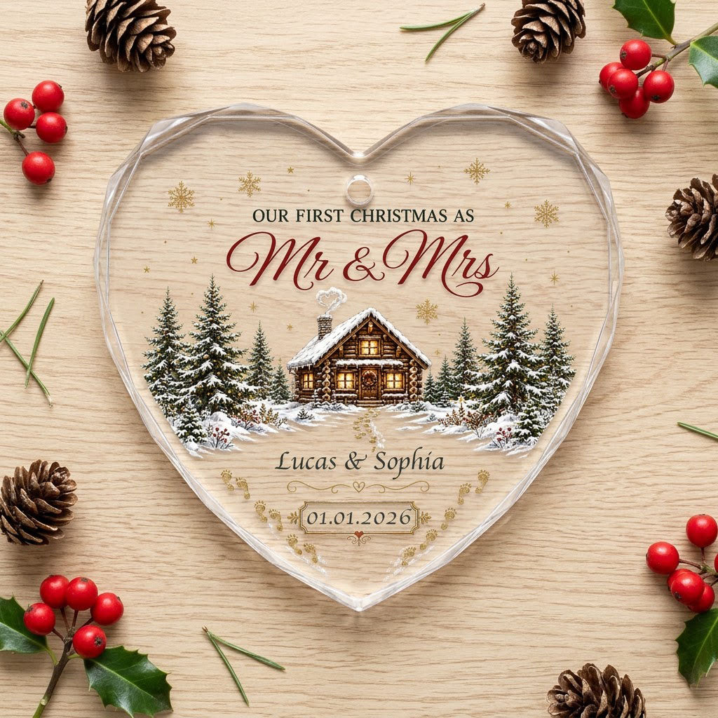 Personalized Our First Christmas as Mr & Mrs Winter Cabin Footprints Heart Glass Ornament