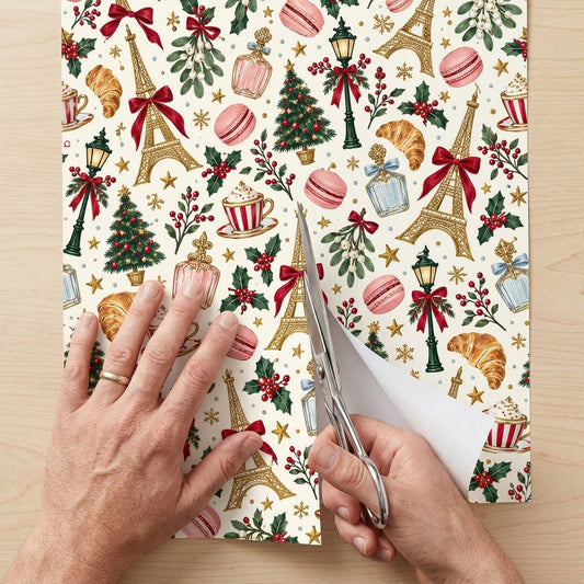 Cream paper with gold Eiffel Towers, Christmas trees, street lamps, macarons, croissants, holly and stars pattern.