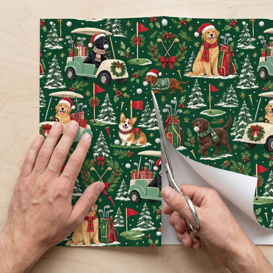 Dark green wrapping paper with dogs in Santa hats, golf carts with wreaths, flags, clubs, snowy trees and golf balls.