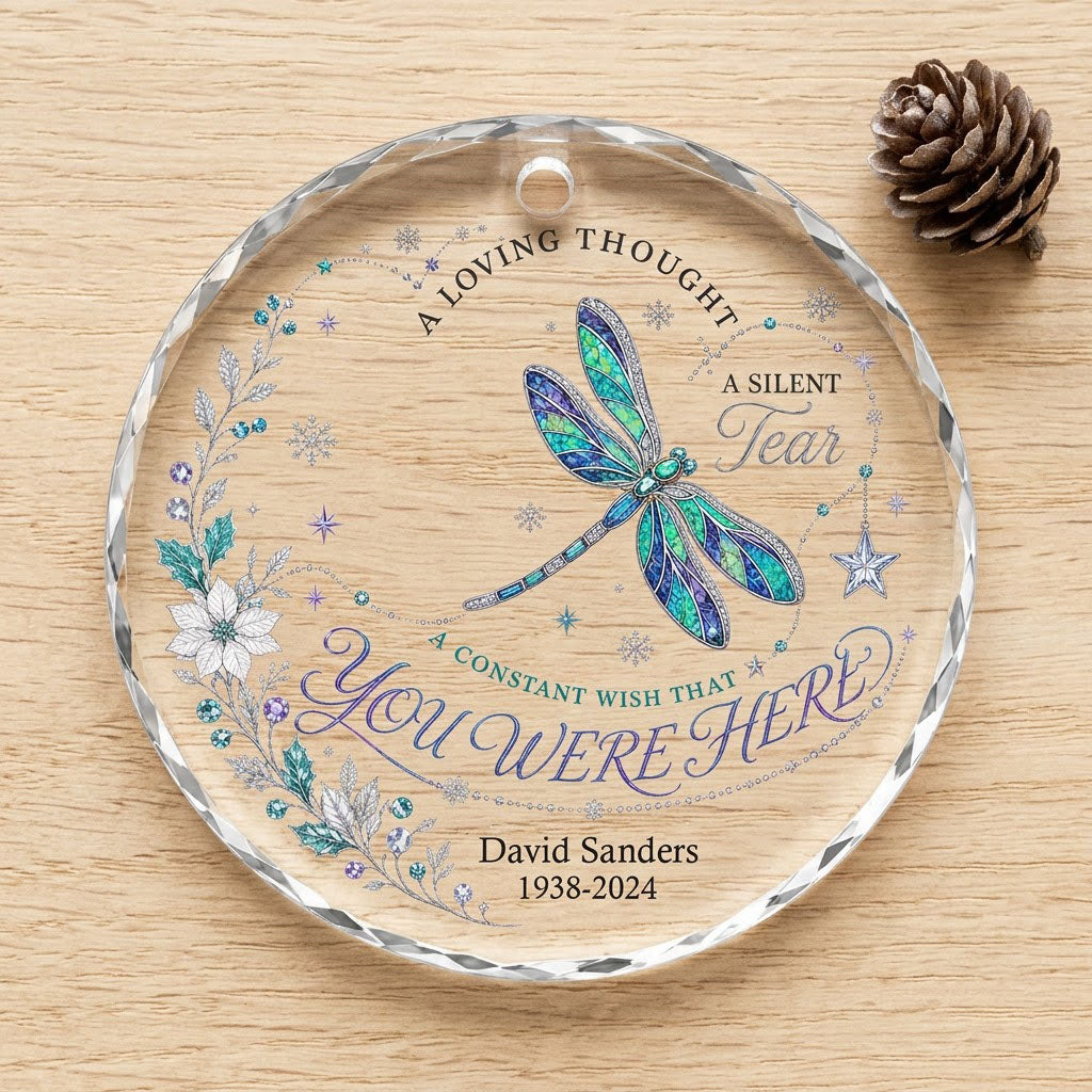 Personalized Dragonfly Memorial You Were Here Round Glass Ornament