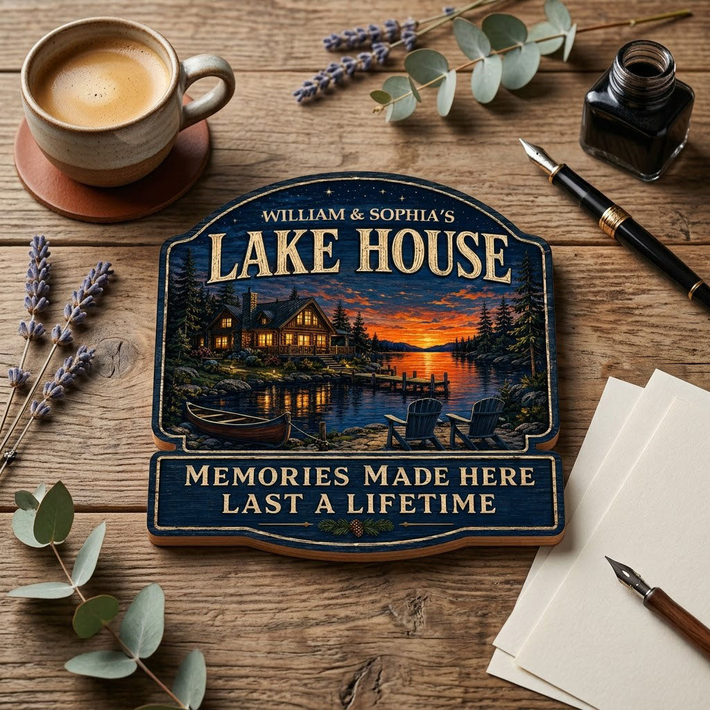 Personalized Lake House Night Sunset Wooden Hanging Sign