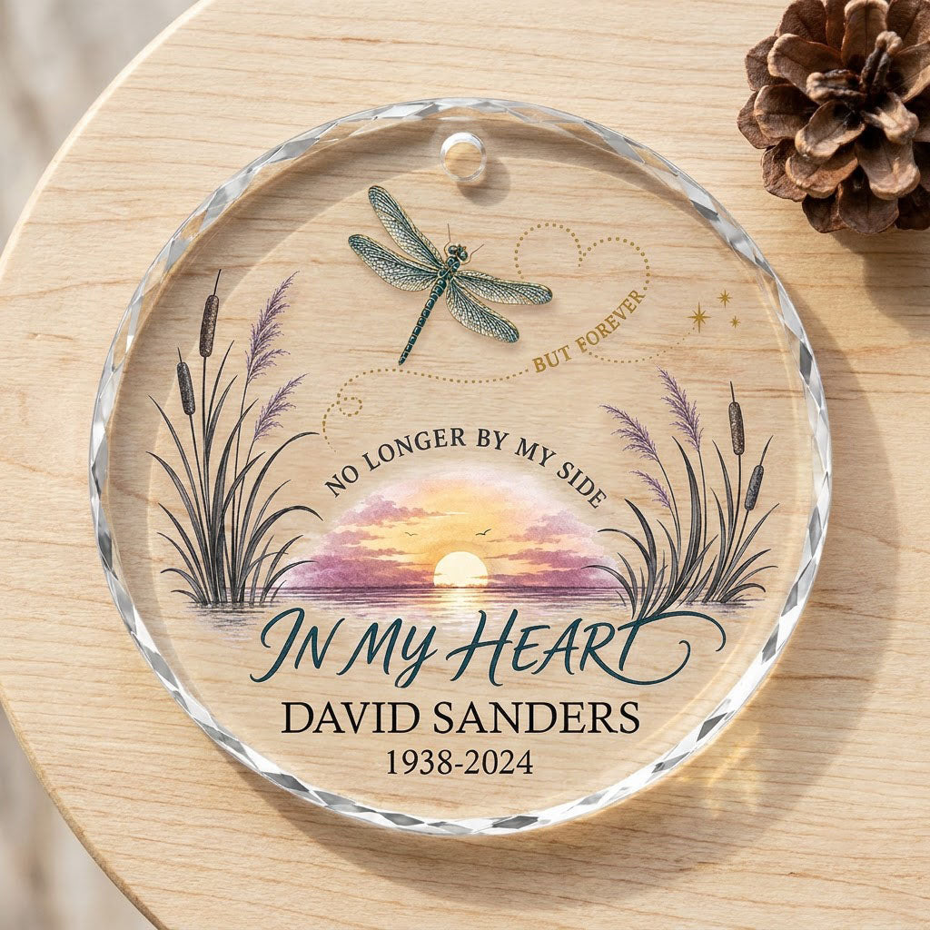 Personalized Dragonfly Memorial Sunset No Longer By My Side Round Glass Ornament