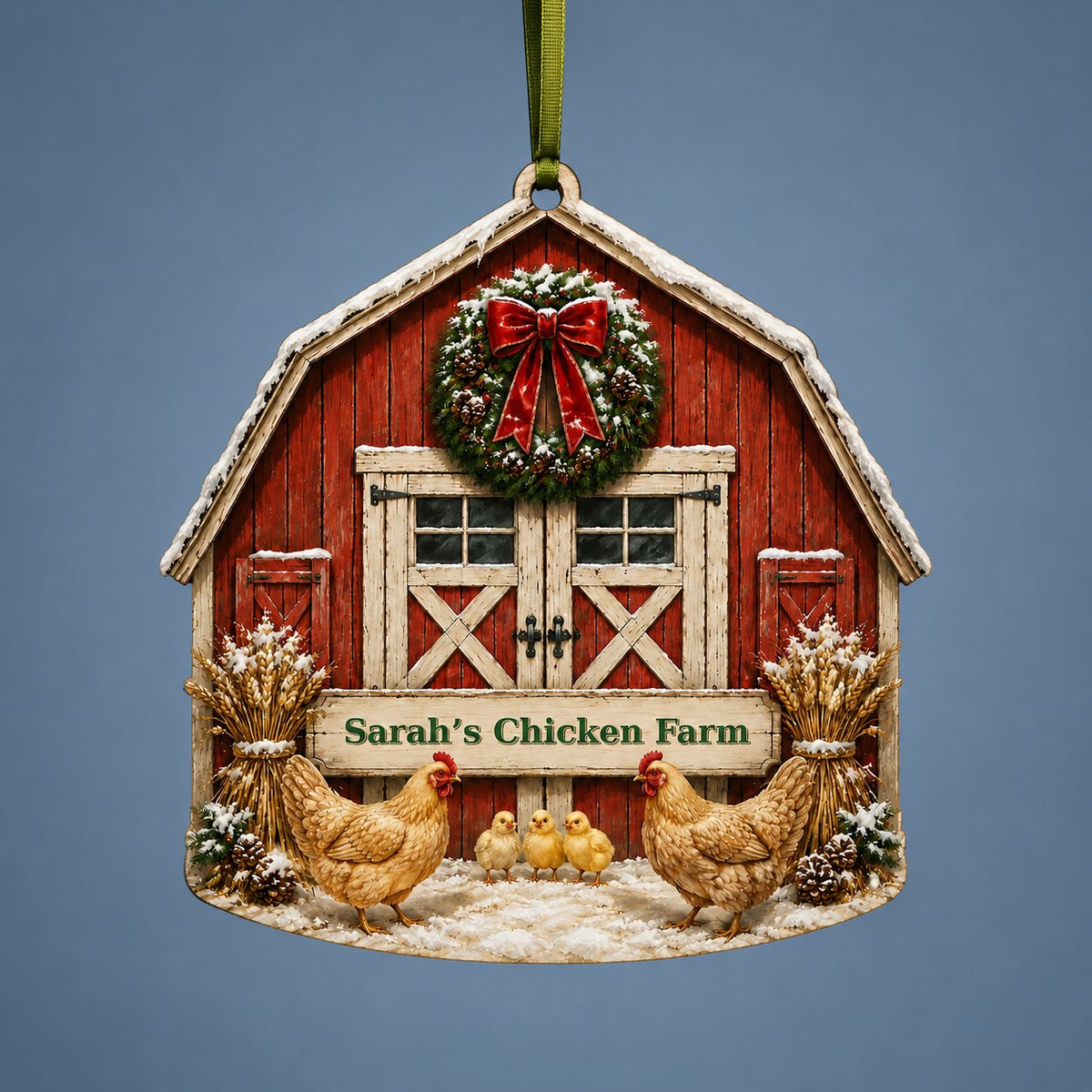 Personalized Red Barn Chicken Coop Wood Ornament, Custom Farmhouse Keepsake