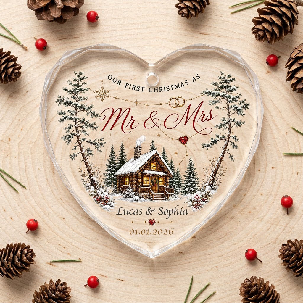 Personalized Our First Christmas as Mr & Mrs Winter Cabin Heart Glass Ornament