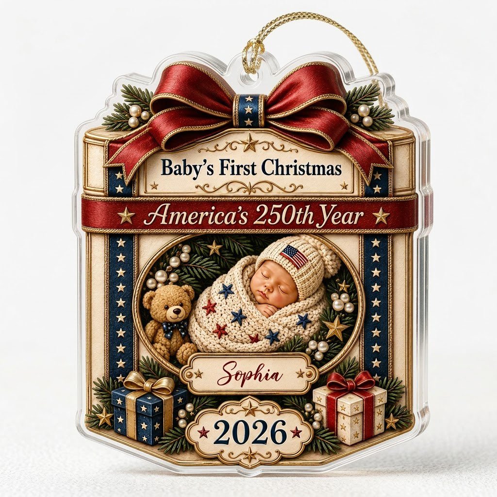 Personalized America 250th Baby's First Christmas Gift Box Acrylic Ornament, Custom Patriotic Keepsake