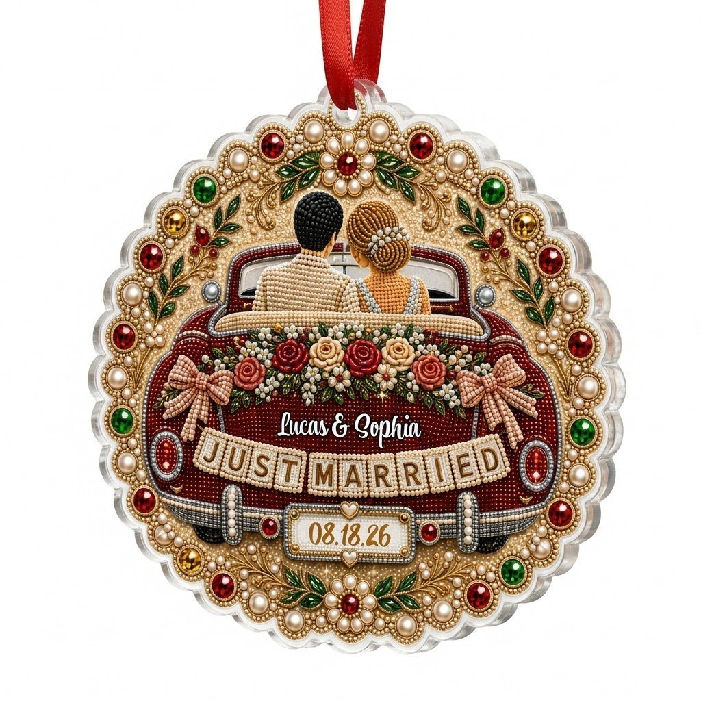 Personalized Just Married Vintage Car Scalloped Round Acrylic Ornament