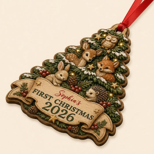 Personalized Woodland Animals Tree Baby's First Christmas Wood Ornament