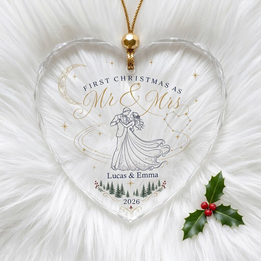Personalized First Christmas as Mr & Mrs Dancing Couple Heart Glass Ornament