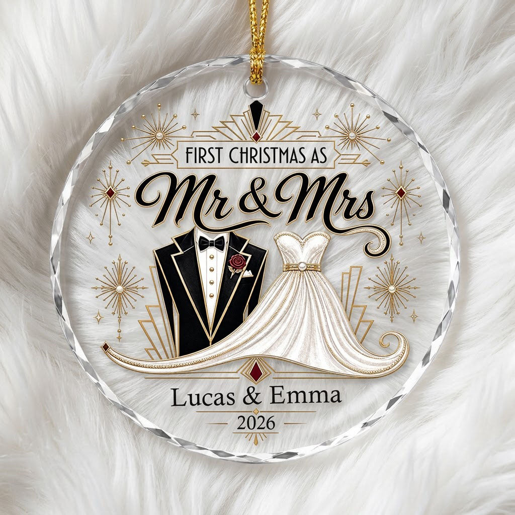 Personalized First Christmas as Mr & Mrs Art Deco Tuxedo Gown Round Glass Ornament