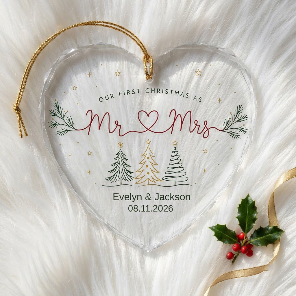 Personalized Our First Christmas as Mr & Mrs Minimalist Trees Heart Glass Ornament