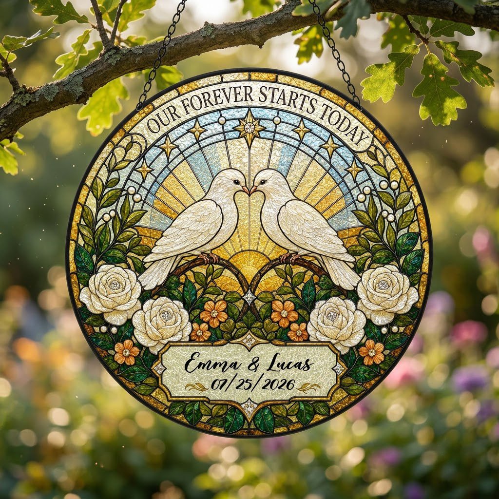 Personalized Wedding Doves Our Forever Starts Today Floral Stained Glass Round Suncatcher