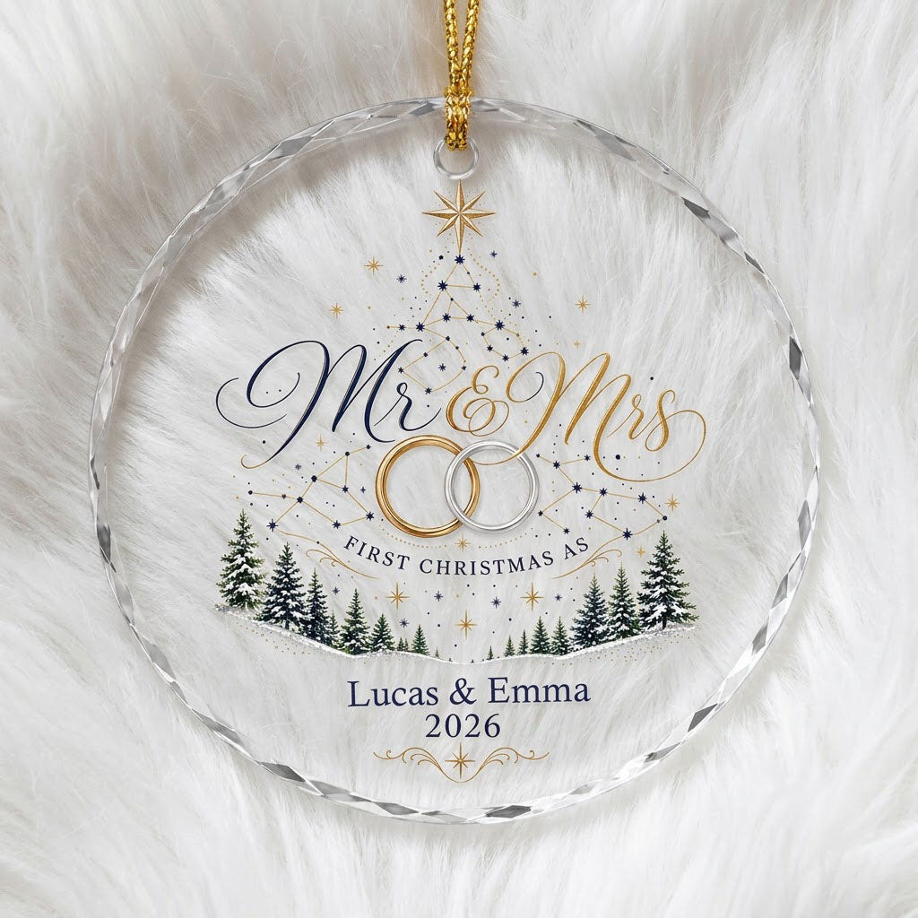 Personalized First Christmas as Mr & Mrs Constellation Tree Round Glass Ornament