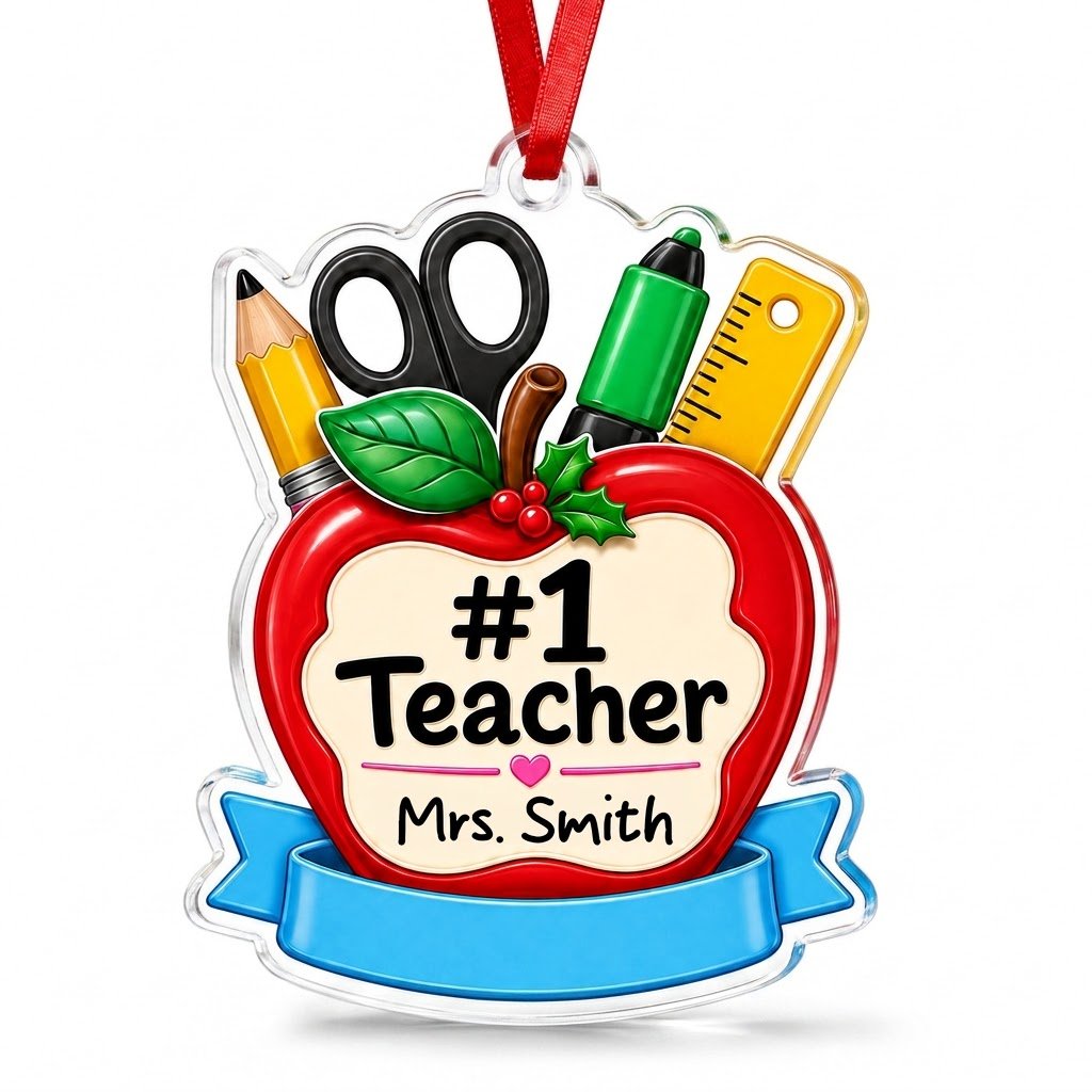 Personalized #1 Teacher Red Apple Acrylic Ornament, Custom School Appreciation Keepsake