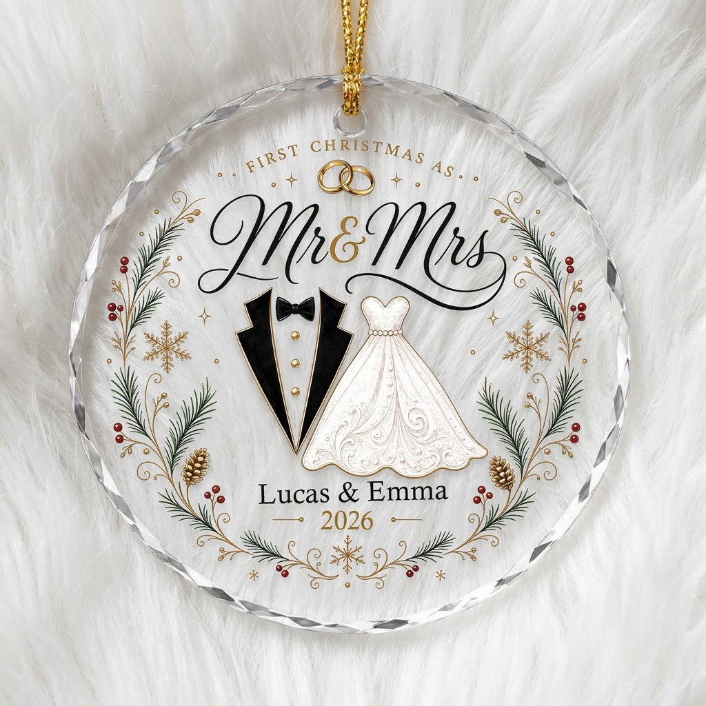 Personalized First Christmas as Mr & Mrs Tuxedo Gown Round Glass Ornament