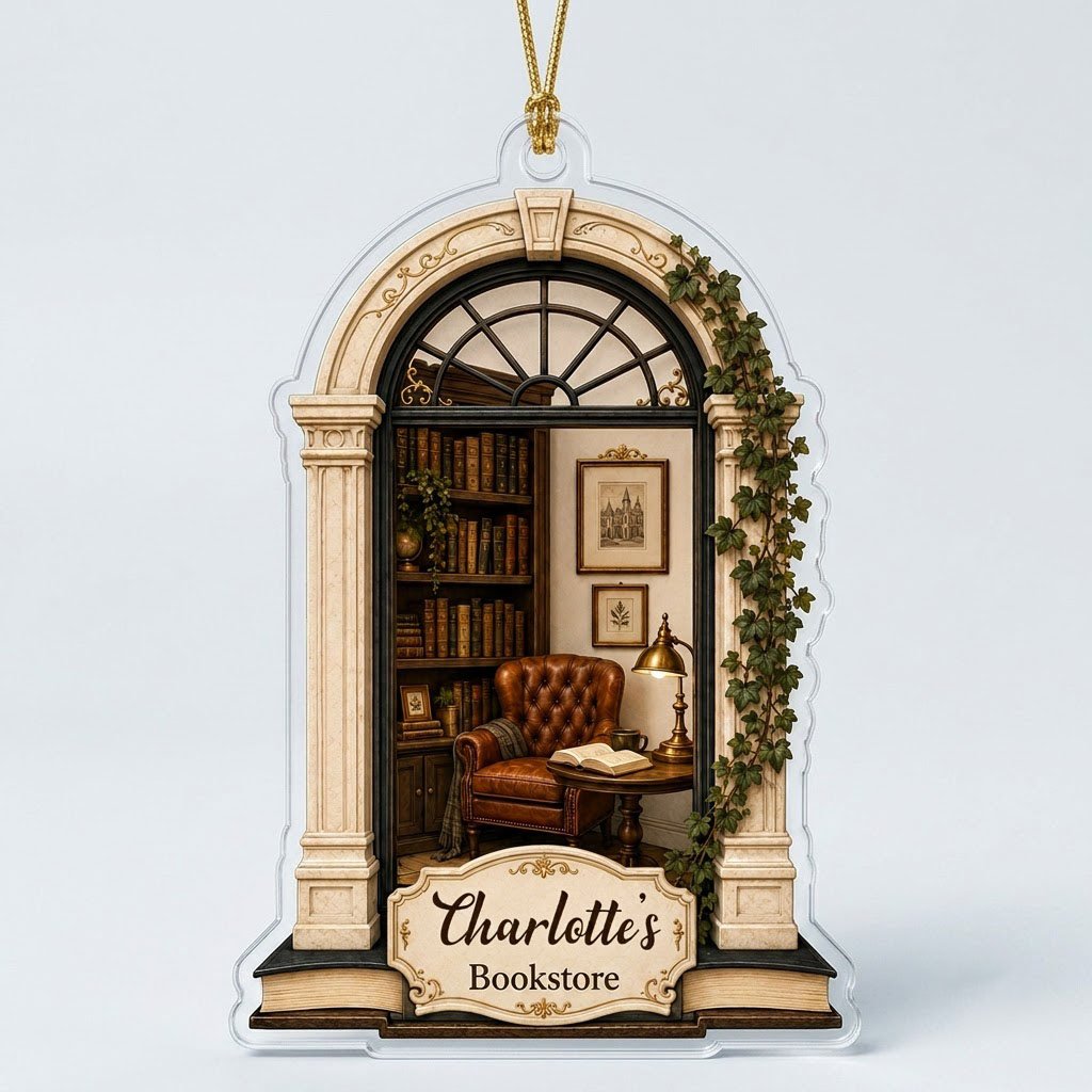 Personalized Library Reading Nook Acrylic Ornament, Custom Book Lover Christmas Keepsake