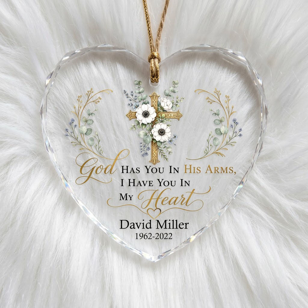Personalized Botanical Gold Cross Memorial God Has You In His Arms Heart Glass Ornament