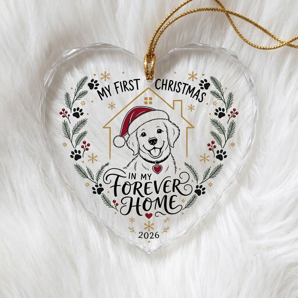 My First Christmas in My Forever Home Puppy Dog Heart Glass Ornament