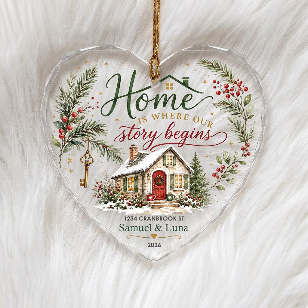 Personalized Home Is Where Our Story Begins Cottage Heart Glass Ornament