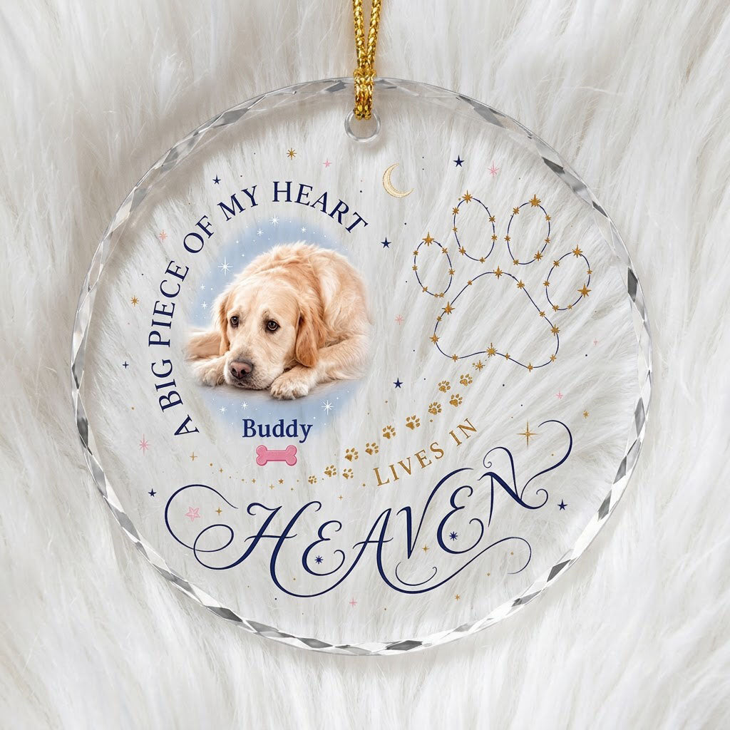 Personalized Dog Memorial Photo A Big Piece Of My Heart Lives In Heaven Round Glass Ornament