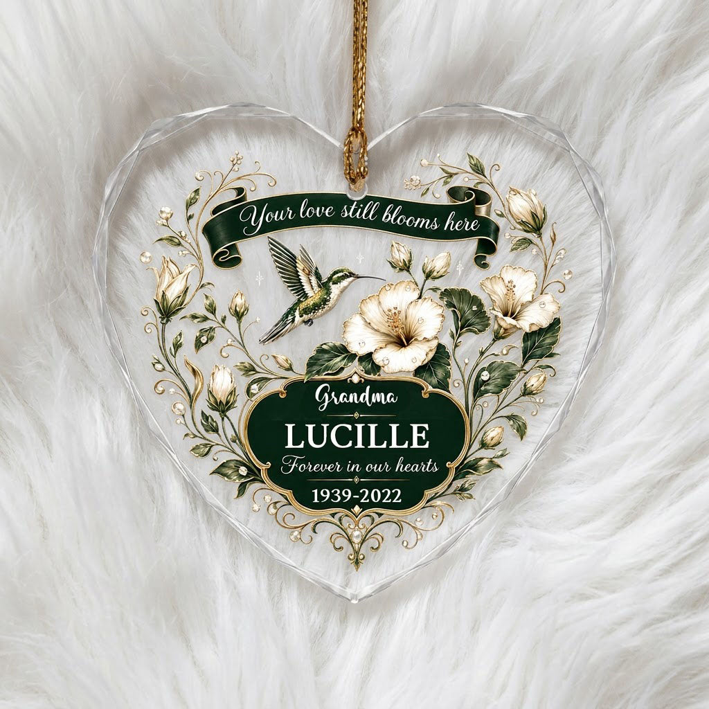 Personalized Hummingbird Memorial Your Love Still Blooms Here Emerald Banner Heart Glass Ornament