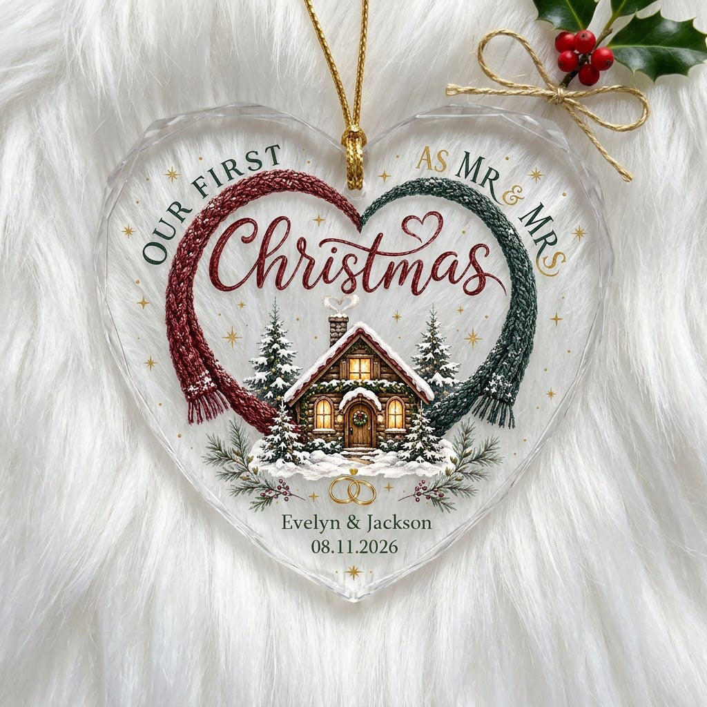 Personalized Our First Christmas as Mr & Mrs Winter Cabin Heart Glass Ornament