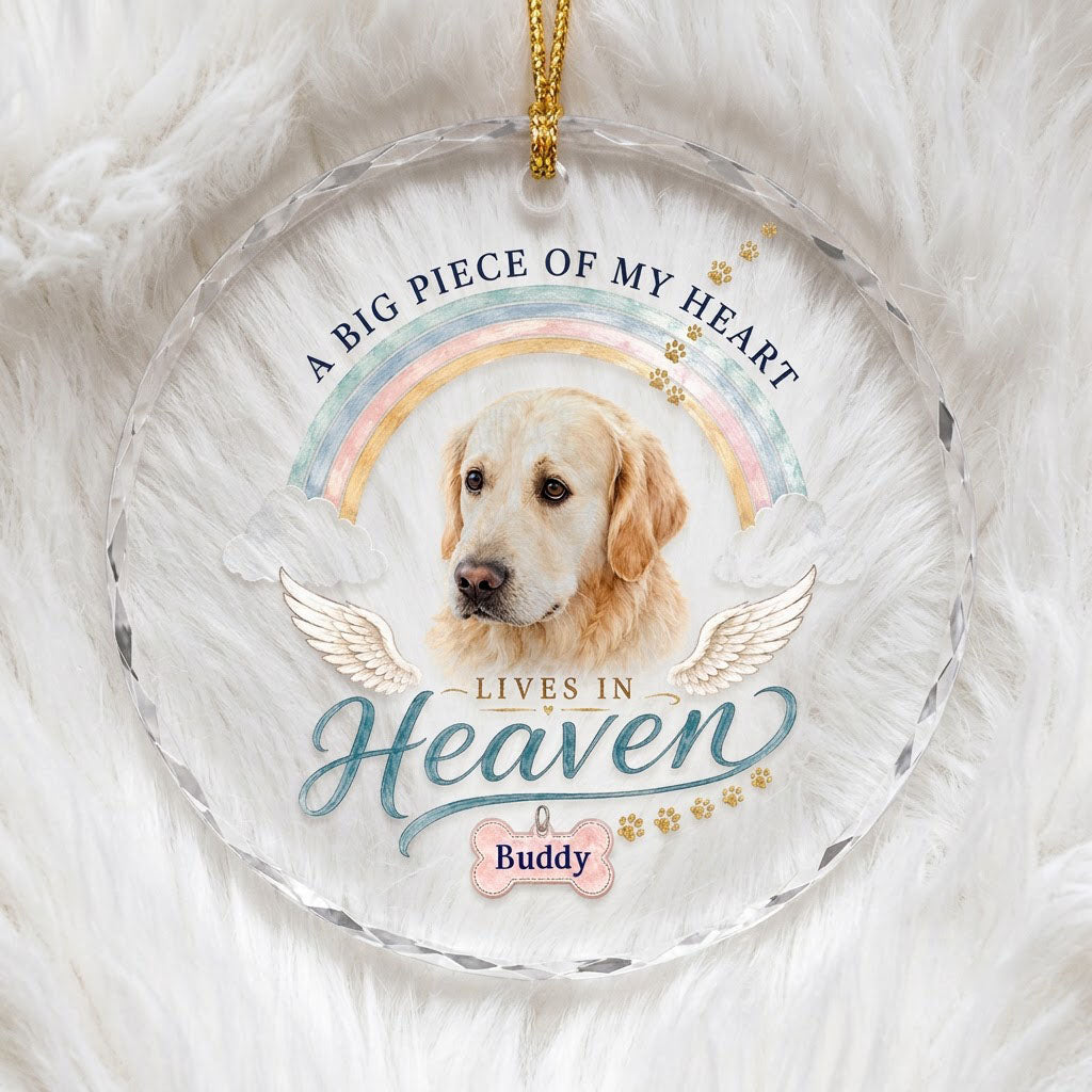 Personalized Dog Memorial Photo Rainbow Bridge A Big Piece Of My Heart Round Glass Ornament