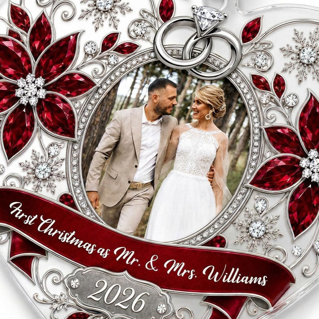 Heart acrylic ornament with couple photo, silver rings, poinsettias, and First Christmas as Mr. & Mrs. 2026.