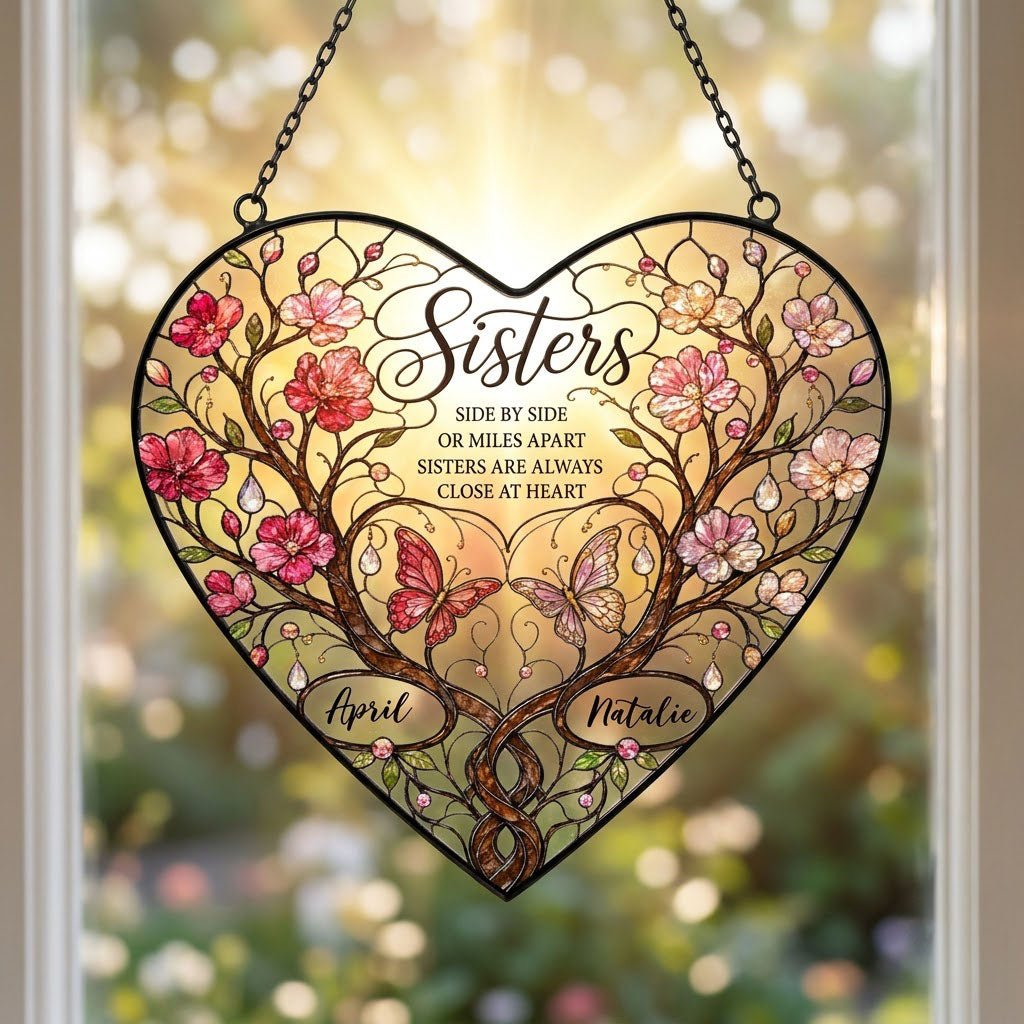 Personalized Sisters Side by Side Heart Stained Glass Suncatcher with Blossoms & Butterflies