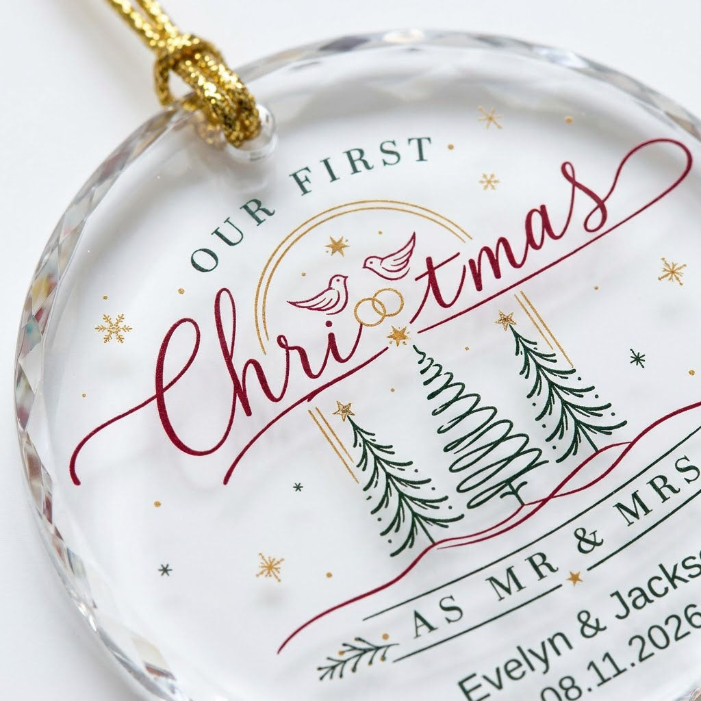 Personalized Our First Christmas as Mr & Mrs Doves and Trees Round Glass Ornament