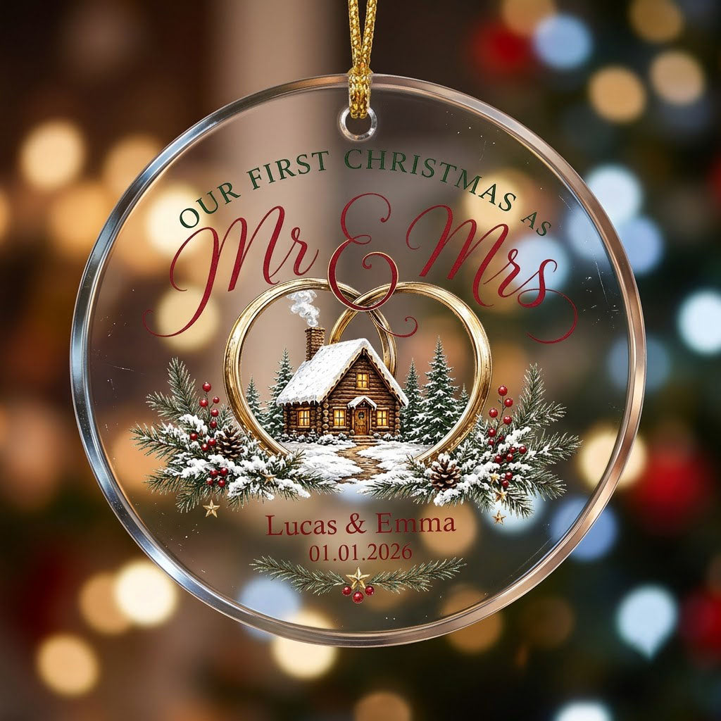 Personalized Our First Christmas as Mr & Mrs Winter Cabin Round Glass Ornament