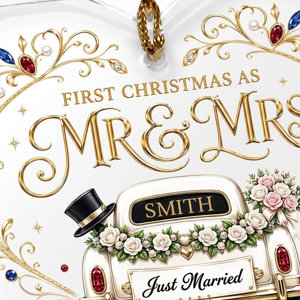 Personalized First Christmas as Mr & Mrs Vintage Getaway Car Heart Glass Ornament