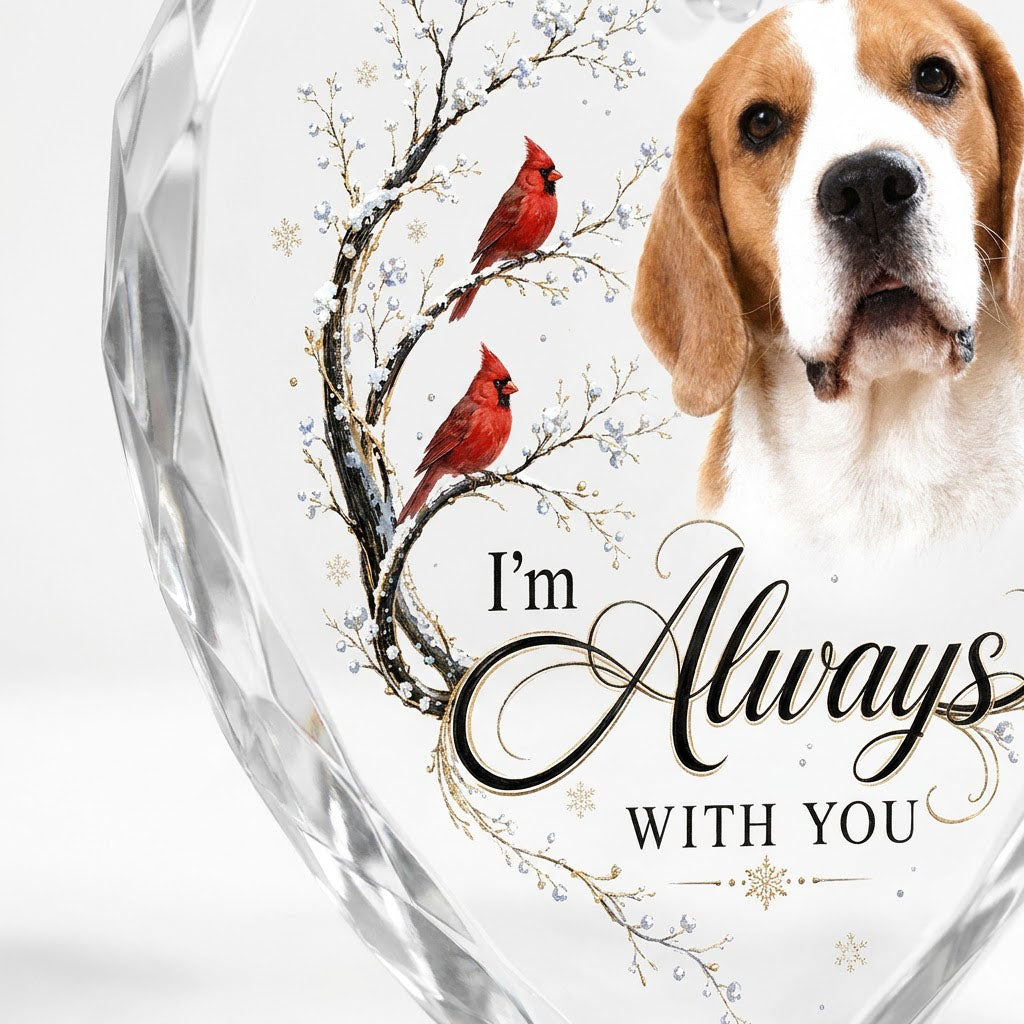 Personalized Dog Memorial Photo I'm Always With You Red Cardinals Heart Glass Ornament