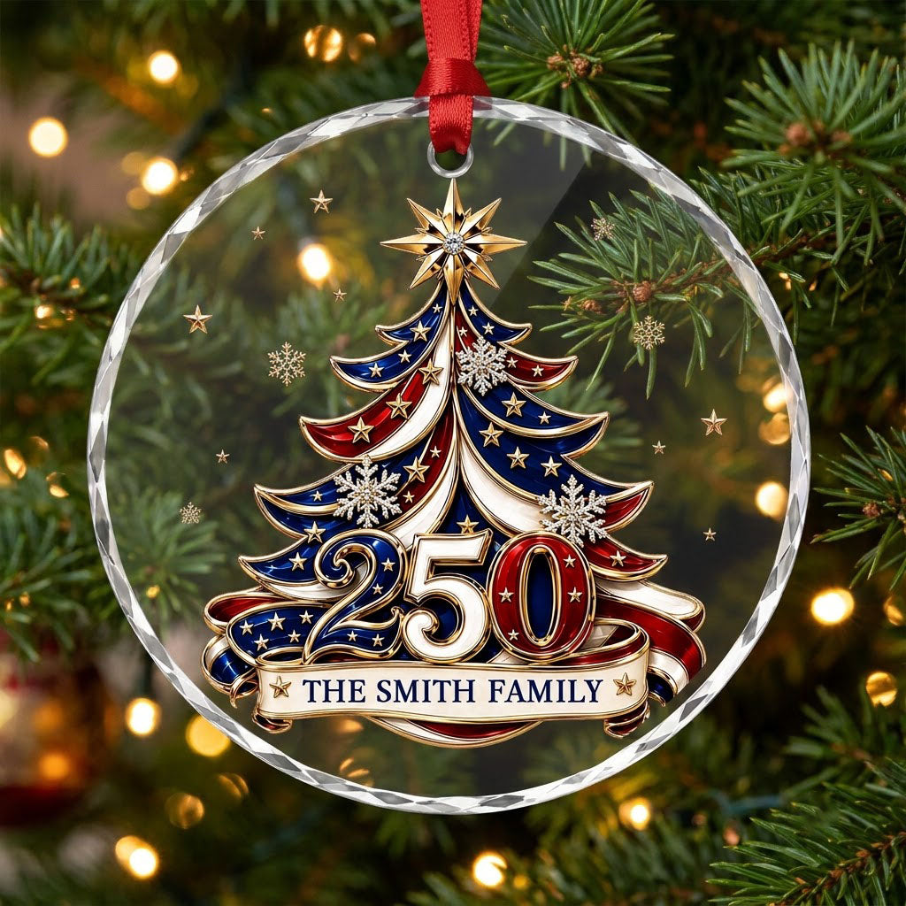 Personalized 250th Anniversary Patriotic Christmas Tree Round Glass Ornament
