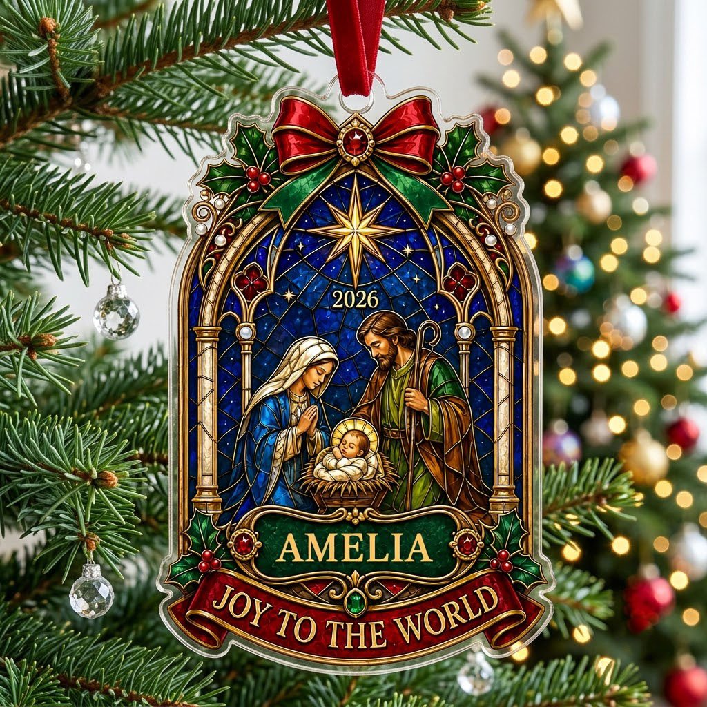 Personalized Stained Glass Nativity Scene Acrylic Ornament, Custom Holy Family Christmas Keepsake