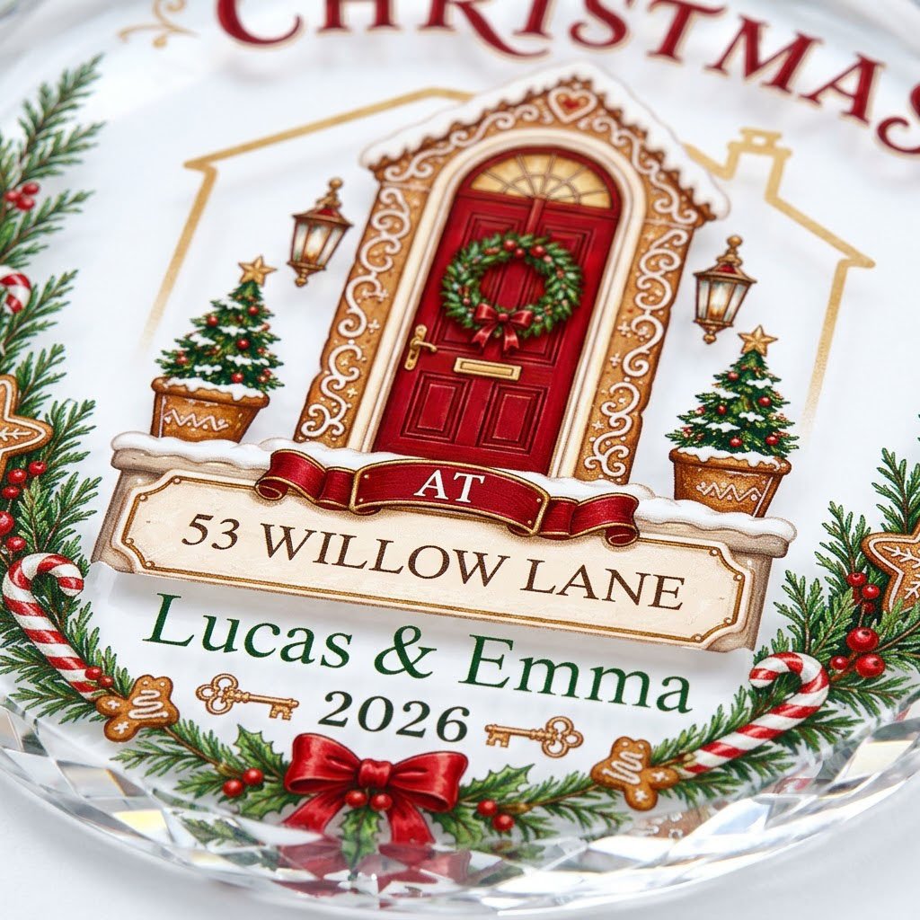 Personalized First Christmas at New Home Gingerbread Door Round Glass Ornament