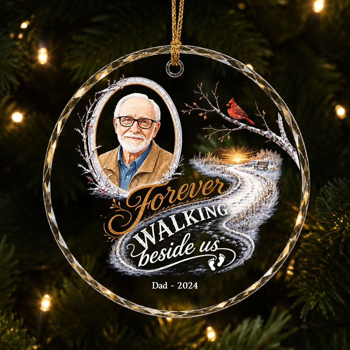 Round glass ornament with birch oval frame, custom photo, red cardinal, winter path and bench, and 'Forever WALKING besi