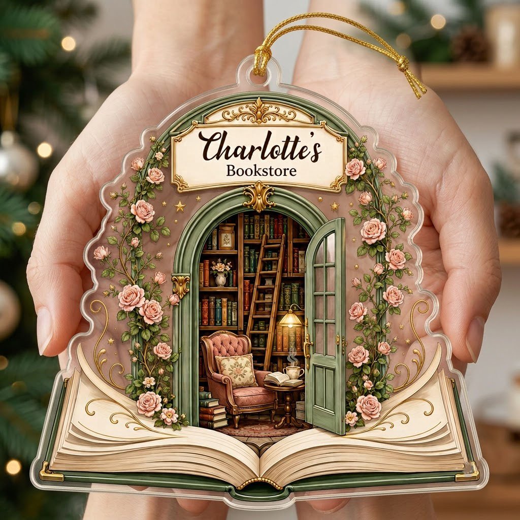 Personalized Pop-Up Book Library Acrylic Ornament, Custom Book Lover Keepsake