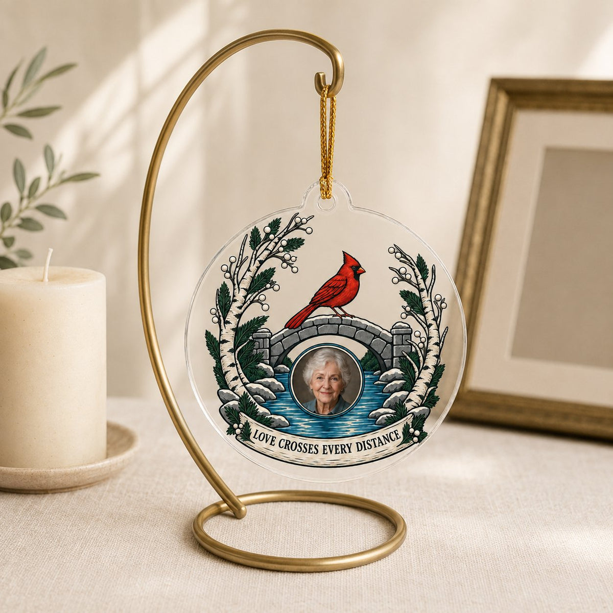 Personalized Memorial Photo Cardinal Bridge Christmas Ornament
