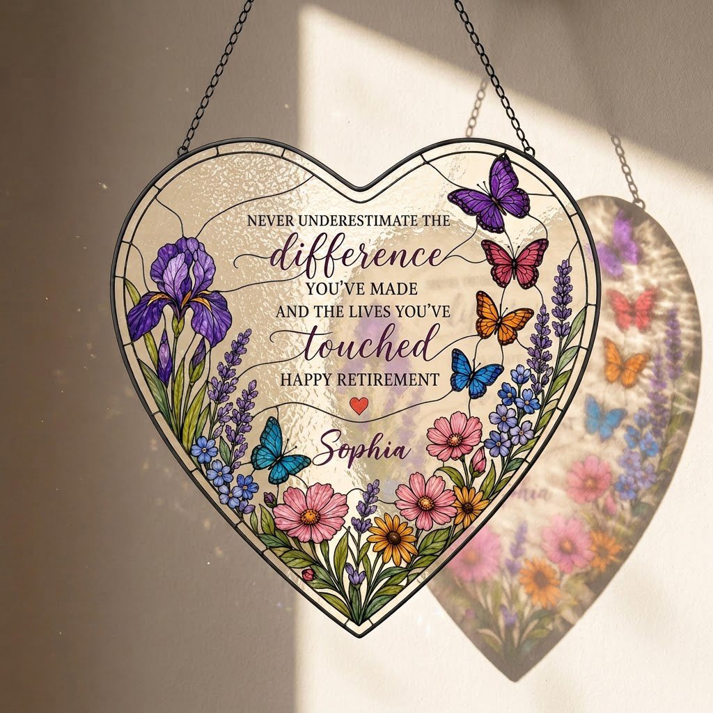 Personalized Retirement Purple Iris Wildflower Never Underestimate The Difference Happy Retirement Heart Stained Glass Suncatcher