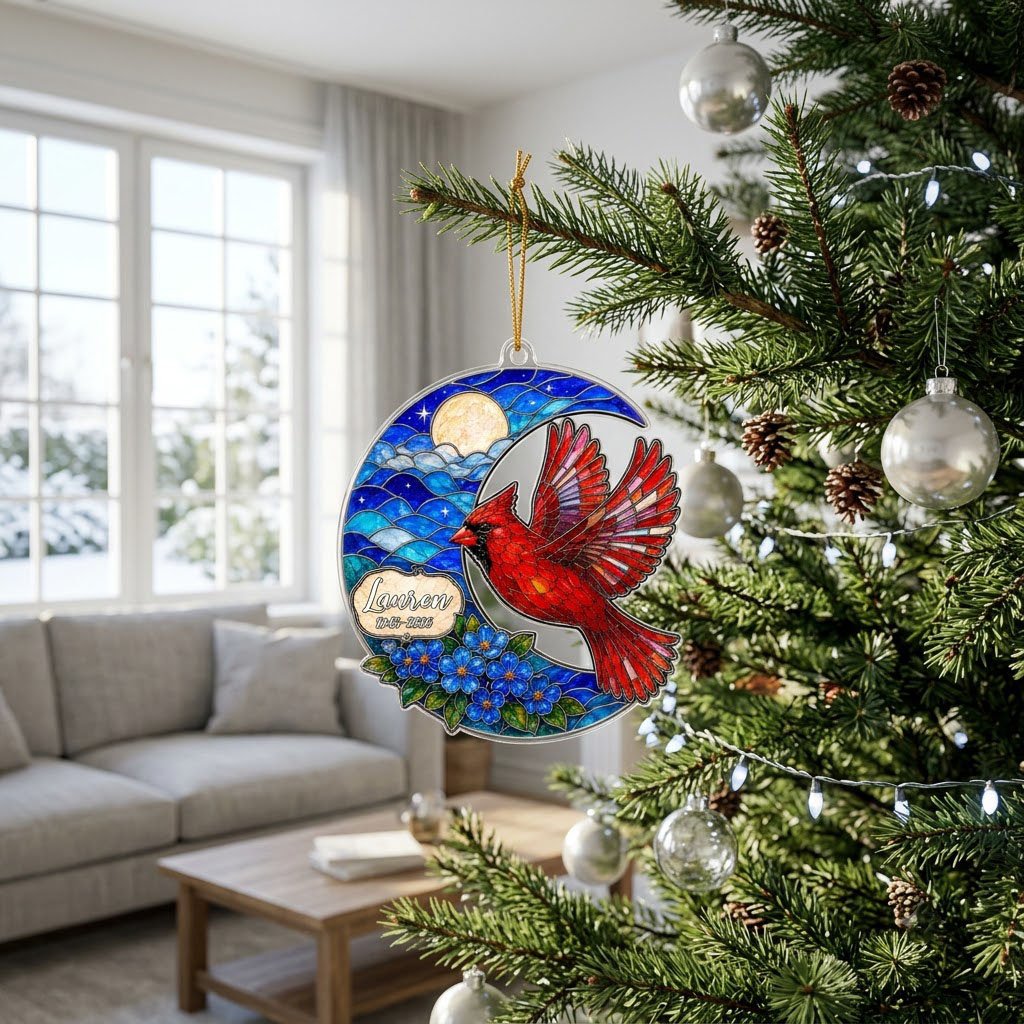 Personalized Red Cardinal Crescent Moon Memorial Acrylic Ornament