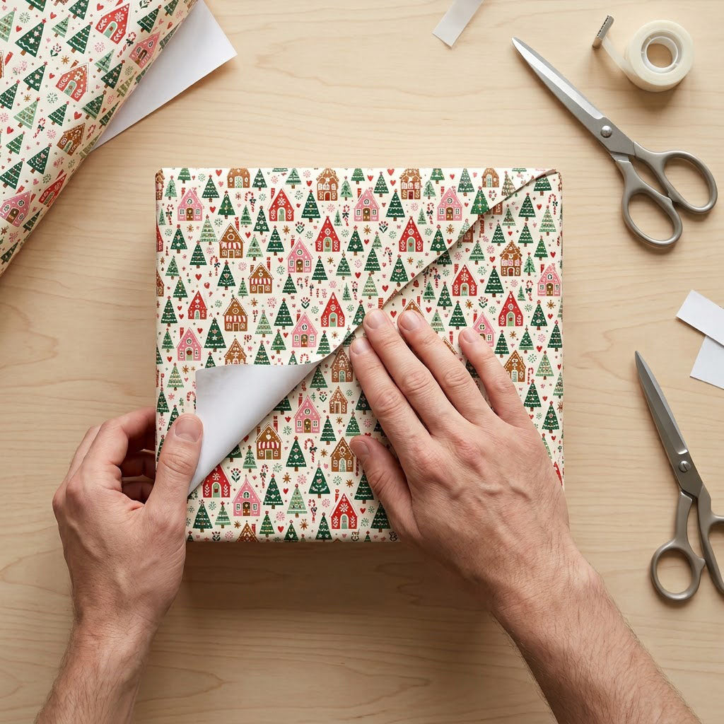 Cream wrapping paper with repeating gingerbread houses, green trees, candy canes, hearts, stars and snowflakes.