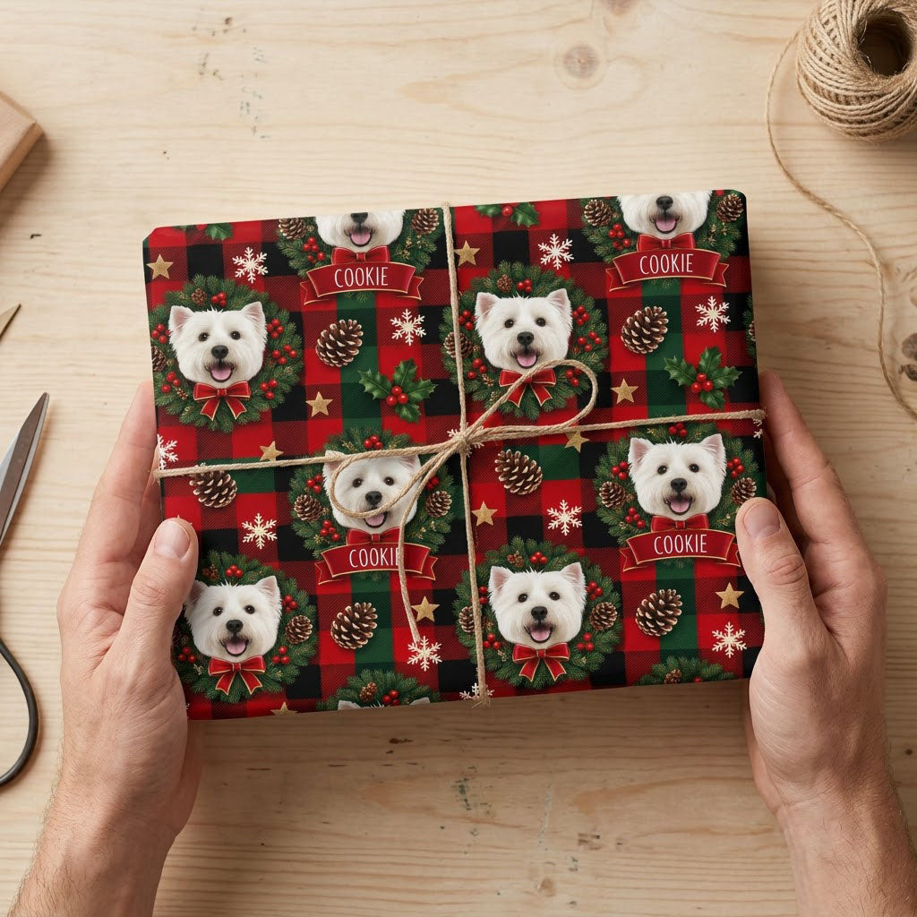 Red and green plaid wrapping paper with Westie in wreaths, snowflakes, stars, holly, and a name on red banners.