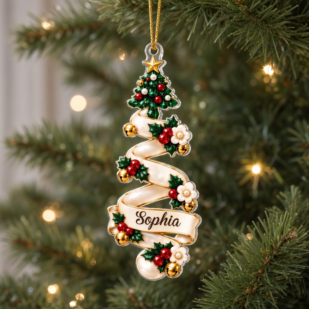 Acrylic ornament shaped around two green gem-style Christmas trees with holly, berries and names Oliver and Emma.