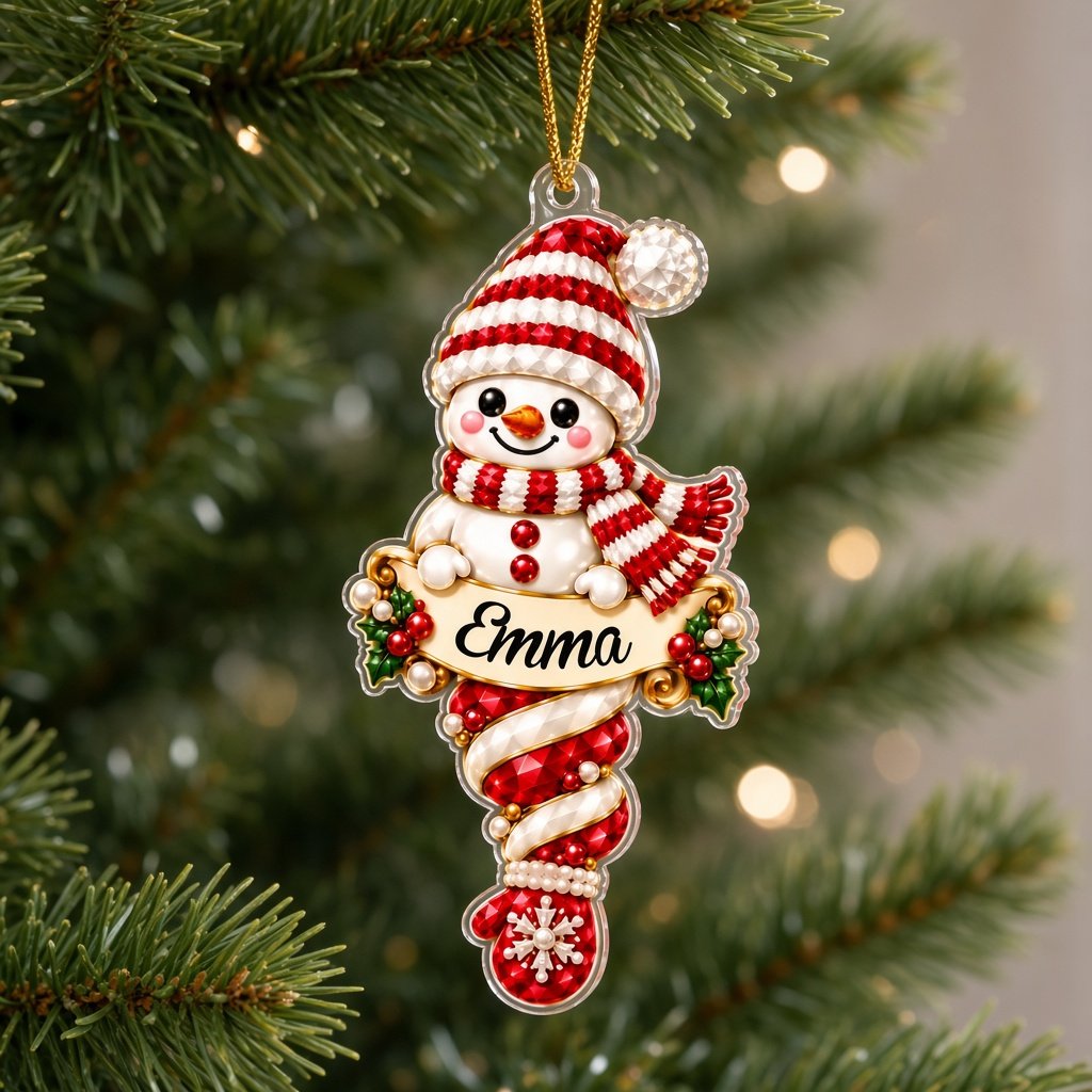 Custom-cut acrylic snowman ornaments with red scarves and scroll banners personalized with a child's name.