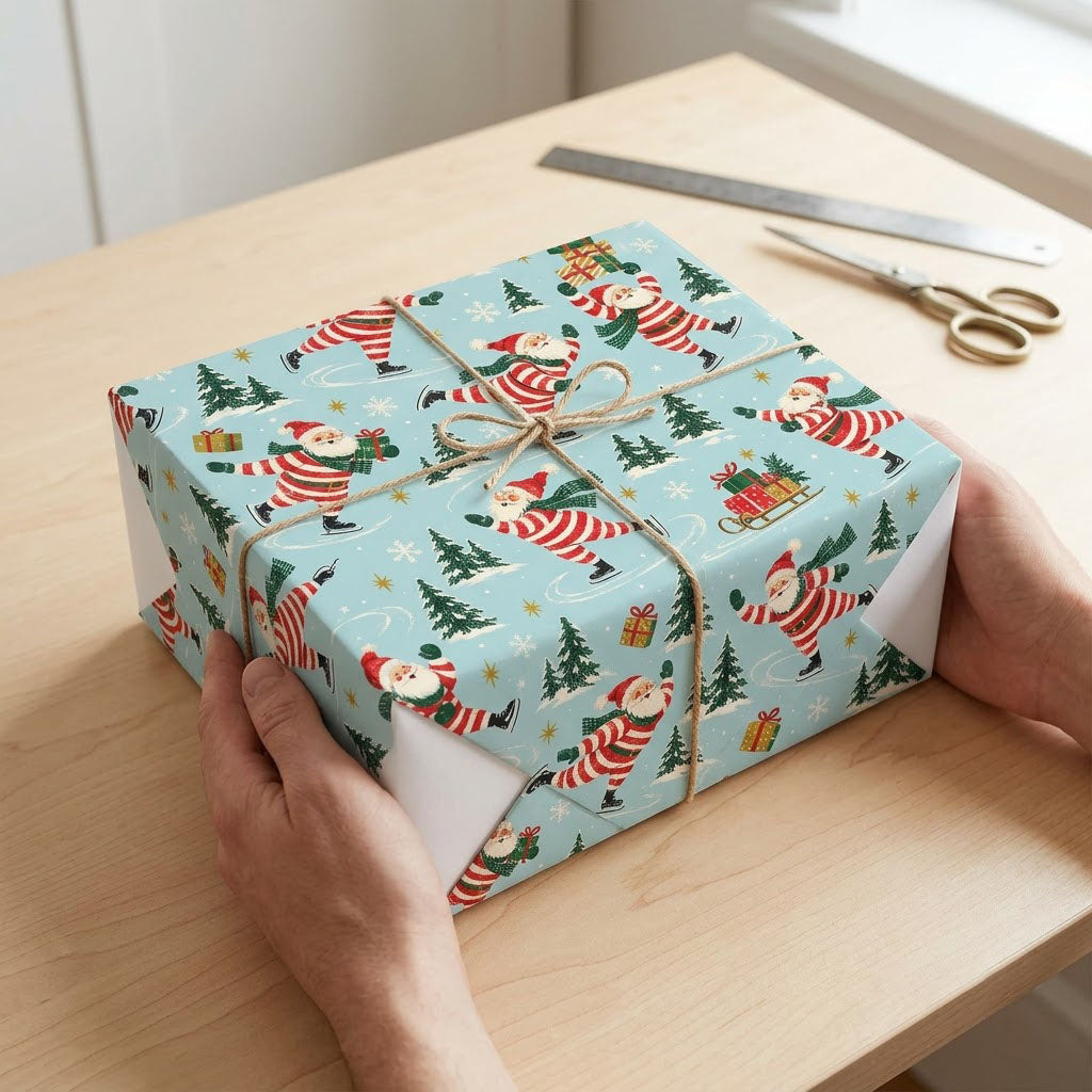 Blue wrapping paper with a pattern of ice-skating Santas, pine trees, sleds of gifts, presents and golden stars.